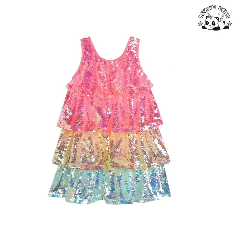 LEZONKIDS - Vestido Elegante Personalizável para Meninas com Manga Curta e Lantejoulas, Gola Redonda, Cores Personalizadas, Tecido de Algodão para Festa de Aniversário